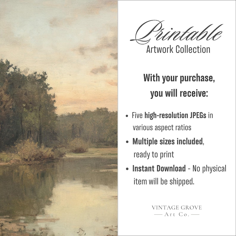 Vintage Landscape Painting Printable | Moody Green Lake Artwork | Digital Wall Art Download | Nature-Inspired Home Decor image 9