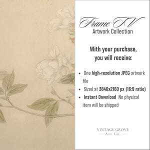 May include: Digital artwork featuring a delicate floral illustration in soft beige and green tones. The image includes the text "Frame TV Artwork Collection" and details about the digital download, including file size and instant download information.