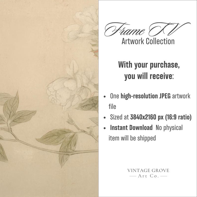 May include: Digital artwork featuring a delicate floral illustration in soft beige and green tones. The image includes the text "Frame TV Artwork Collection" and details about the digital download, including file size and instant download information.