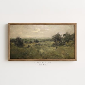 May include: A framed landscape painting with a rustic wooden frame. The artwork depicts a field of green grass and trees under a cloudy sky. The painting has a vintage aesthetic, with the text "VINTAGE GROVE - Art Co." at the bottom.