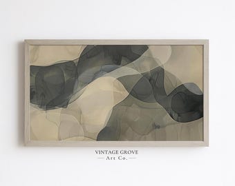 May include: Abstract art print in a light wood frame. The artwork features flowing, overlapping shapes in shades of grey, black, and beige. The text "VINTAGE GROVE - Art Co." is printed at the bottom of the frame.