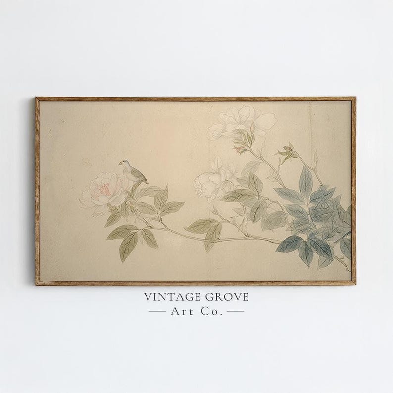 May include: A framed vintage print featuring a bird perched on a flowering branch. The artwork showcases a soft color palette with a beige background, delicate pink and white flowers, and muted green and blue foliage. The text "VINTAGE GROVE - Art Co." is at the bottom.
