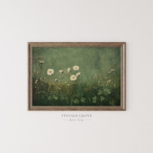 Vintage Floral Wall Art, Green Botanical Art Print, White Wildflower ...