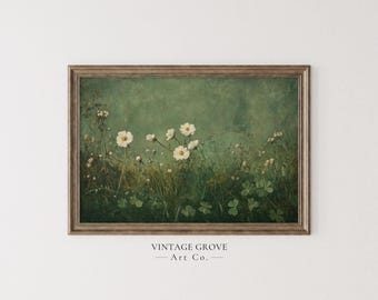 Vintage floral wall art, green botanical art print, white wildflower painting, digital download, printable wall art, fine art print