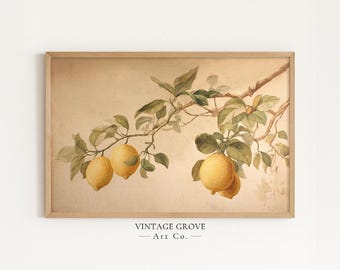 Lemon Wall Art, Vintage Botanical Wall Art, Lemon Painting, French Country Decor, Cottagecore Decor, Above Bed Decor, Fruit Decor