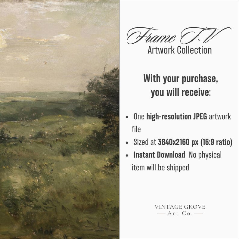 May include: An oil painting of a landscape with a field of green grass and a cloudy sky. The artwork is part of the Frame TV Artwork Collection. The image includes text that says "With your purchase, you will receive: One high-resolution JPEG artwork file."