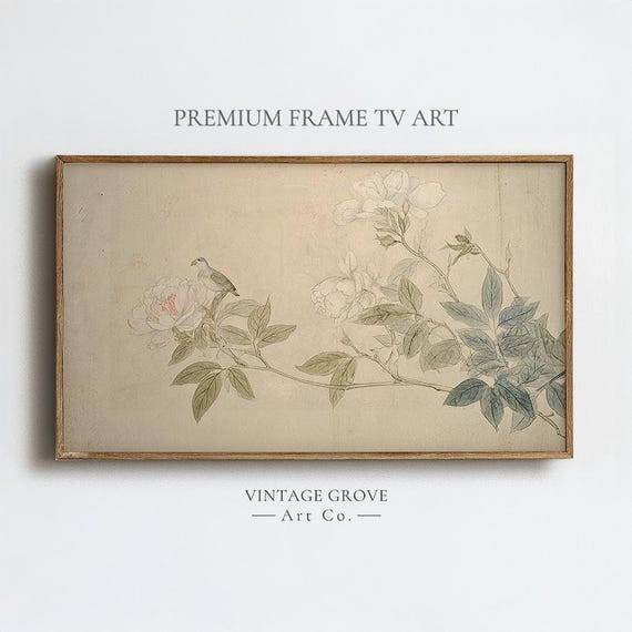 Samsung Frame TV Art – Chinoiserie Wall Art with Vintage Bird and Peony | Japanese Painting for Spring and Cottagecore Decor