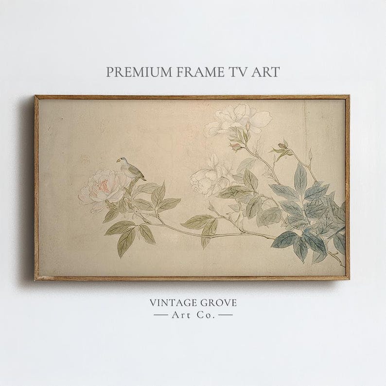 May include: A framed vintage-style print featuring a bird perched on a flowering branch. The artwork has a soft, neutral background with delicate floral and foliage details in muted tones. The text "PREMIUM FRAME TV ART" and "VINTAGE GROVE - Art Co." are visible.