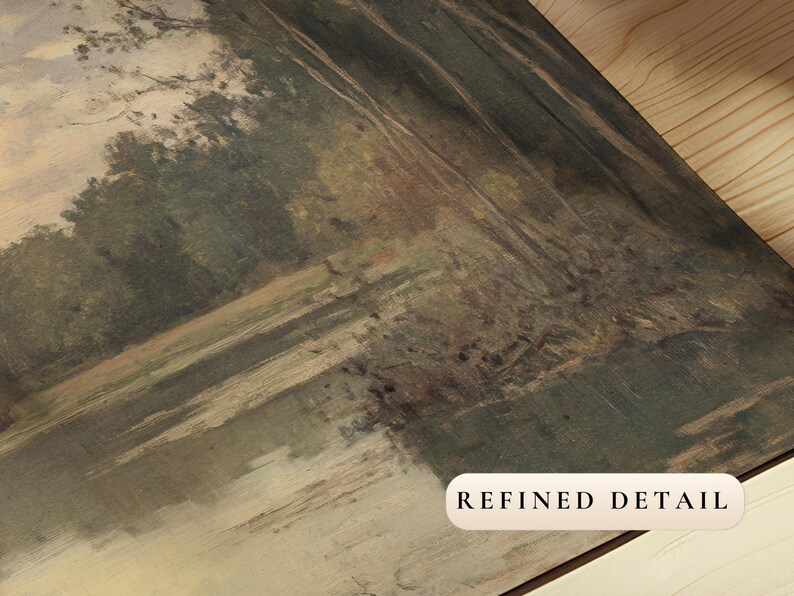 May include: A close-up of a canvas print depicting a landscape scene of trees and a river. The print has a textured, faded appearance, giving it a vintage feel. The text "REFINED DETAIL" is printed in the bottom right corner.