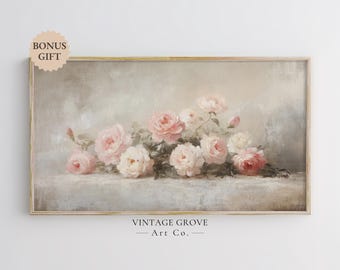 Samsung Frame TV Art, Vintage Botanical Wall Art, Neutral Floral Painting, Romantic Cottagecore Decor, Soft Peony Flower Download