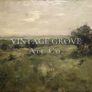 May include: An impressionistic landscape painting with a field of green grass and trees under a cloudy sky. The text "VINTAGE GROVE Art Co." is displayed across the center of the image.