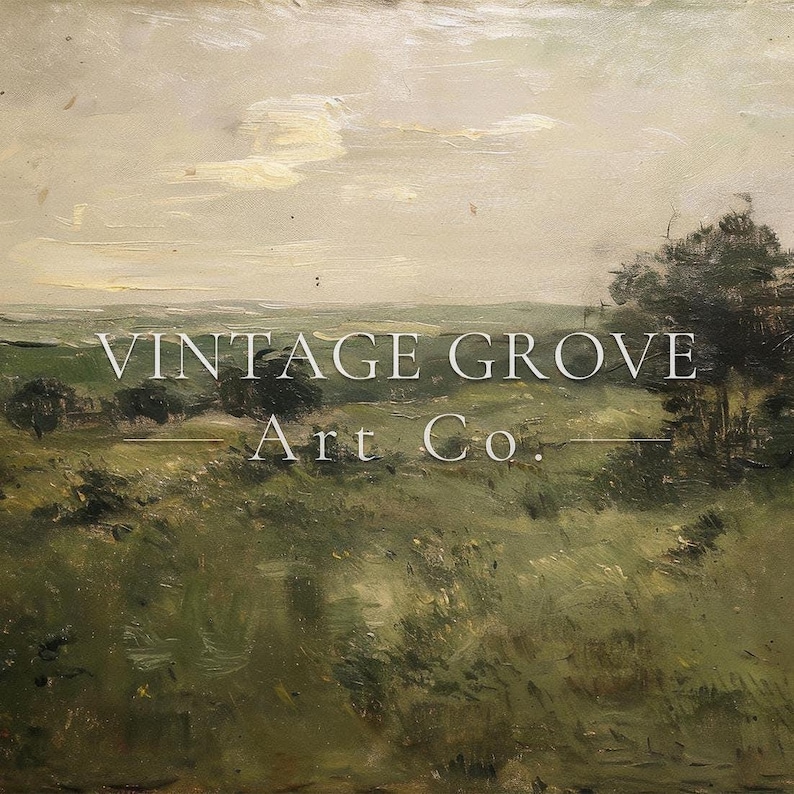 May include: An impressionistic landscape painting with a field of green grass and trees under a cloudy sky. The text "VINTAGE GROVE Art Co." is displayed across the center of the image.