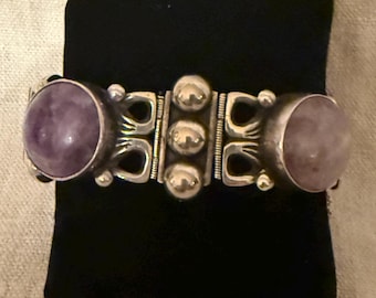 Vintage Taxco Amethyst Cabochons Bracelet - Signed Horacio de la Parra - Sterling