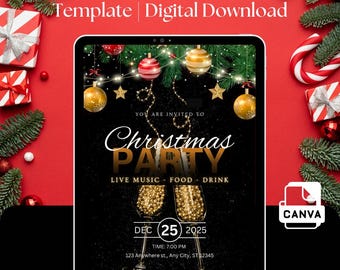 May include: A digital Christmas party invitation template on a tablet, featuring festive decorations and text. The design includes ornaments, stars, and the words "Christmas Party." The date is December 25, 2025. The invitation is available as a digital download.