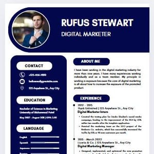 Plantilla de currículum y carta de presentación profesional azul / Editable en Canva / Moderna y personalizable / Versión de una página / Currículum fácil de editar