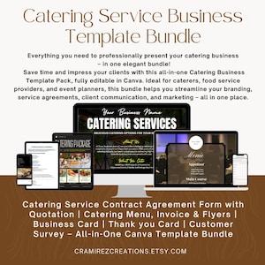 Könnte beinhalten: Ein digitales Marketing-Bundle für Catering-Services, das einen Computermonitor, ein Tablet und ein Smartphone mit Vorlagen zeigt. Das Bundle enthält ein Vertragsformular, Menü, Rechnung, Flyer, Visitenkarte, Dankeskarte und Kundenumfrage.