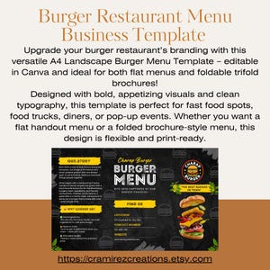 Menú de hamburguesas / Diseño de menú de restaurante y tríptico / Menús imprimibles para bares, food trucks y restaurantes / Plantilla de menú editable en Canva