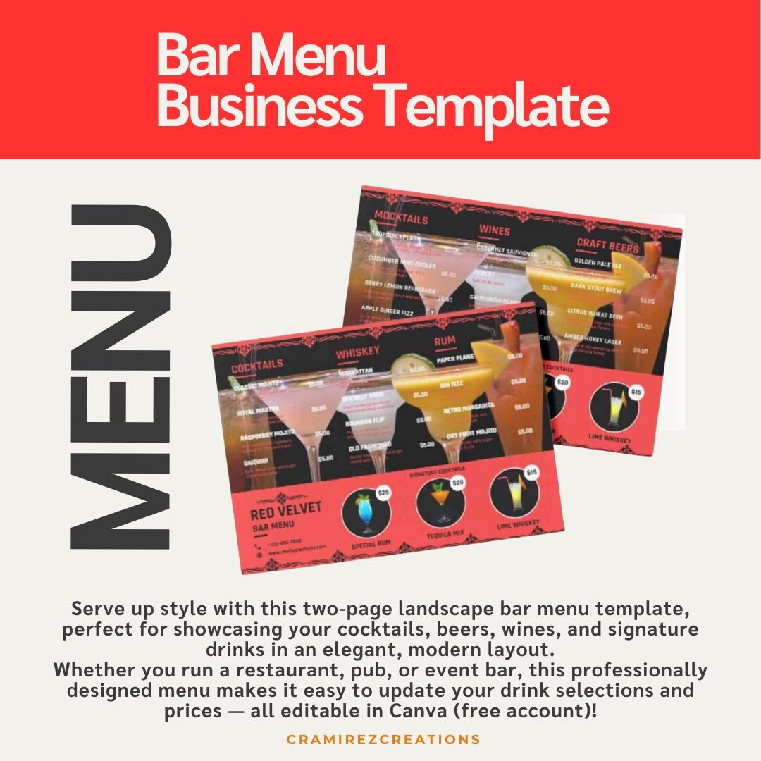 Two-page Bar Menu Template (landscape) | Editable Drink & Cocktail Menu ...