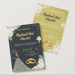 Puede incluir: Dos tarjetas de guardar la fecha para una boda. Las tarjetas son negras y doradas con diseños florales y el texto "Raphael And Charlot" y "Save The Date". La fecha es el 9 de septiembre de 2023 a las 10:00 PM. La ubicación es 125 Garden St, Global City, ST 0245.