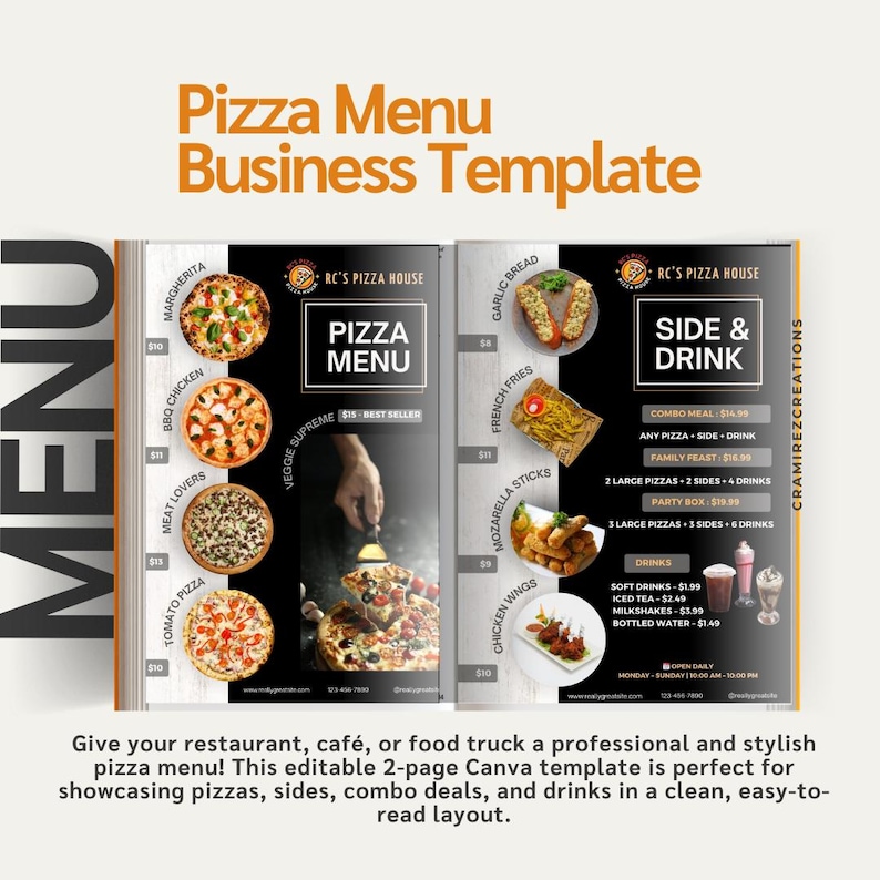 Editable Pizza Menu.pdf Editable Pizza Menu Template: Modern Restaurant Design (canva, 2-page ...