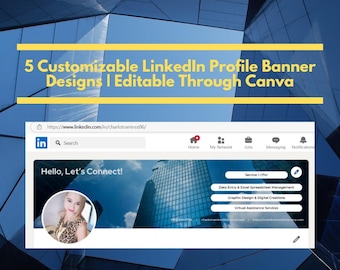 Könnte beinhalten: Ein Screenshot einer LinkedIn-Profilseite mit einem Bannerbild einer Skyline. Der Bannertext lautet "Hello, Let's Connect!" und zeigt ein Kopfbild einer Frau. Das Profil listet die angebotenen Dienstleistungen auf, darunter Dateneingabe, Tabellenkalkulationsmanagement, Grafikdesign und virtuelle Assistenz.