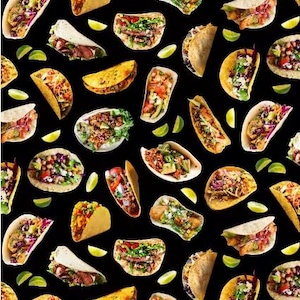 May include: A pattern of various tacos and lime wedges on a black background. The tacos are filled with colorful ingredients, including meat, vegetables, and sauces. A vibrant and appetizing food-themed design.