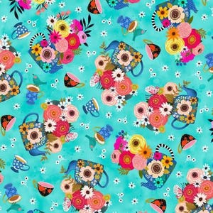 May include: A teal blue background with a repeating pattern of floral arrangements in teapots and teacups. The floral arrangements are colorful and feature pink, yellow, orange, red, and white flowers.