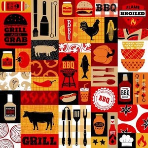 Puede incluir: Una ilustración colorida de varios artículos relacionados con la parrilla y la barbacoa, que incluyen una parrilla, hot dogs, maíz en la mazorca, un gallo, un cerdo, un pez, una botella de salsa barbacoa, una botella de salsa picante, una botella de mostaza, una botella de salsa agridulce, una botella de mostaza de Dijon, una espátula, pinzas, un tenedor, una cuchara, un gorro de cocinero y las palabras "Grill and Grab", "BBQ Time", "Delicious BBQ", "Small Batch Sauce", "Hot" y "Grill".