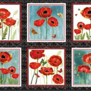 May include: A fabric panel featuring six square images of red poppies with black centers, green stems, and leaves. Butterflies and dragonflies are also present. The images are set against a light blue background and framed in red and white. The panel has a black and red border.
