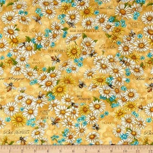 May include: A yellow fabric with a white daisy pattern and a honeycomb background. The fabric has various bee-themed phrases printed on it, such as "Bee Happy", "Bee Kind", "Bee Honest", "Bee Good", "Bee Positive", "Honey Bees Work", "Bee Respectful", and "Love is a Bee".