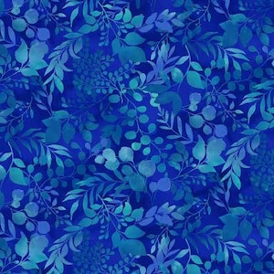 May include: A seamless pattern featuring a botanical design with blue and teal leaves and branches against a deep blue background. The watercolor-style foliage creates a textured, layered effect, suitable for fabric or wallpaper.