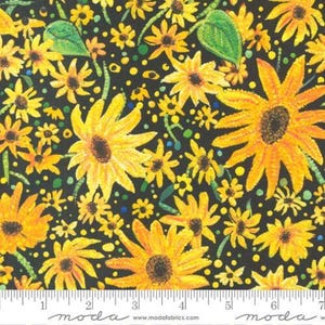 Enchanted Dreamscapes Black Sunflower. 100% Cotton Fabric by the Half Yard.