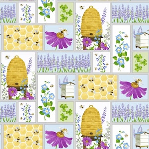 May include: A seamless pattern featuring a beehive, bees, flowers, and clover. The pattern is in shades of yellow, green, blue, and purple.