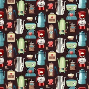 May include: A seamless pattern featuring various coffee makers, including a red drip coffee maker, a blue percolator, a silver electric coffee maker, and a green carafe. The pattern also includes coffee grinders, coffee cups, and other coffee-related items. The background is a dark brown color.