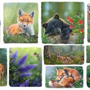 May include: A set of 10 square tiles featuring various animal illustrations. The tiles depict a black bear cub, a fox, a sleeping black bear, a fawn, a deer, a fox, a pair of sleeping foxes, a pair of sleeping bears, and a fawn with a deer.