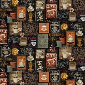 May include: A seamless pattern featuring a variety of coffee-themed illustrations and text. The pattern includes coffee cups, coffee beans, coffee bags, and coffee shop signs. The text includes phrases like "Coffee Time", "Wake Up Coffee", and "Kona Coffee". The background is a dark brown color.