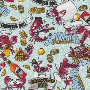 May include: A blue and white fabric with a repeating pattern of crawfish, corn on the cob, lemons, and the text "Crawfish Festival".