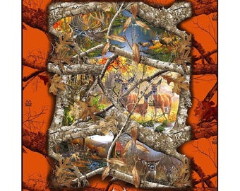 May include: A camouflage fabric with a repeating pattern of brown, green, and orange branches and leaves. The fabric features a central image of a group of deer in a woodland setting. The fabric is labelled "REALTREE".