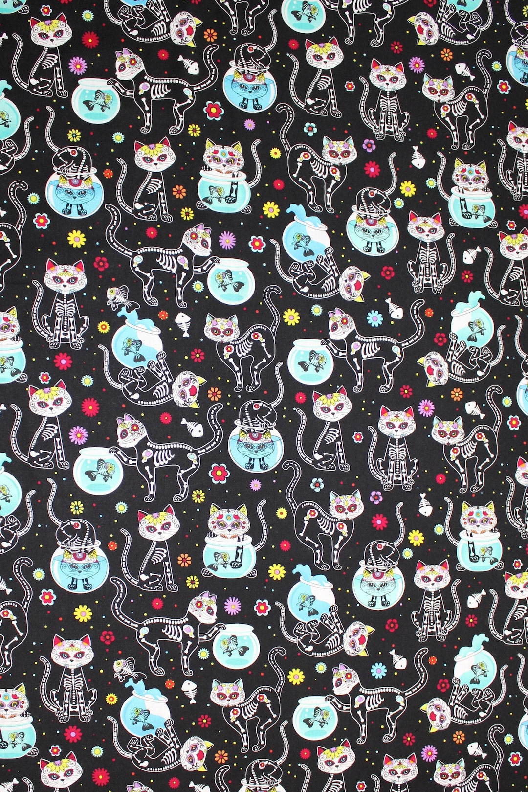 Timeless Treasures Day of the Dead Kitty 100% Cotton Fabric by the Half ...