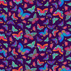 May include: A seamless pattern featuring colorful butterflies with intricate details on a deep purple background. The butterflies are arranged in a repeating pattern, creating a vibrant and whimsical design.