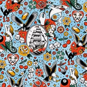 May include: A repeating pattern on a light blue background featuring traditional tattoo art. The design includes eagles, mermaids, roses, dice, a ship, a shark, and hearts. The color palette is red, yellow, black, and white.