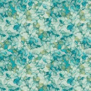 May include: Abstract fabric pattern featuring a watercolor design. The fabric has a repeating pattern of irregular shapes in shades of teal, turquoise, and pale green against a white background. The design resembles a mosaic or a collection of organic forms.