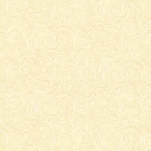 May include: A seamless pattern of white floral designs on a cream background. The pattern is intricate and detailed, with swirls and leaves.