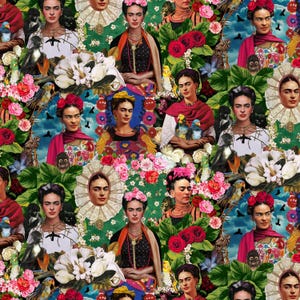 Esperanza. Multi collage di ritratti di donne da Timeless Treasures. Tessuto 100% cotone al metro quadro.