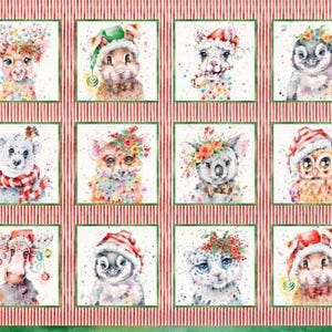 May include: A festive Christmas-themed fabric featuring a variety of animals wearing Santa hats and holiday decorations. The animals include a deer, rabbit, llama, penguin, polar bear, fox, koala, owl, moose, and a tiger. The fabric has a red and white striped background.