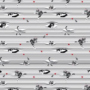 May include: A seamless pattern featuring black and white cats peeking through holes in a grey and white striped background. Red hearts are scattered throughout the pattern.