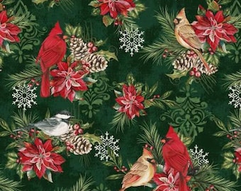 Tela navideña con estampado de pájaros cantores de invierno: Algodón navideño por medio metro.