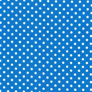 May include: A vibrant blue fabric with a repeating pattern of white polka dots. The dots are evenly spaced and create a classic, playful design. The background is a solid, bright blue.