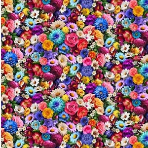May include: A vibrant floral pattern featuring a dense arrangement of various flowers in full bloom. The image showcases a rich tapestry of colors, including shades of red, pink, blue, yellow, and white, creating a visually striking and detailed design.