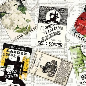 May include: A vintage-style collage of images featuring seed packets, gardening tools, and sewing machine advertisements. The text on the packets reads "Flower and Vegetable Seeds for the Seed Sower" and "Good News Garden Guide".